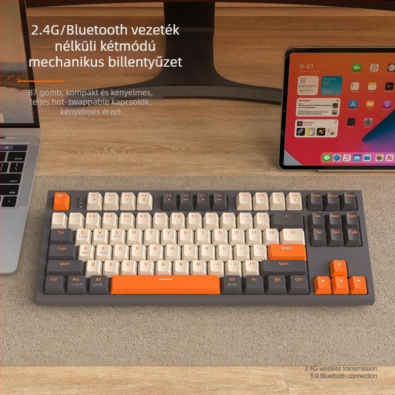 Free Wolf M88 vezeték nélküli Bluetooth kettős módban használható mechanikus gaming billentyűzet PBT billentyűkészlettel, piros kapcsolók, vízálló, 87 gomb