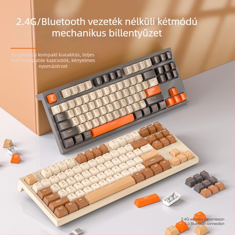 Free Wolf M88 vezeték nélküli Bluetooth kettős módban használható mechanikus gaming billentyűzet PBT billentyűkészlettel, piros kapcsolók, vízálló, 87 gomb
