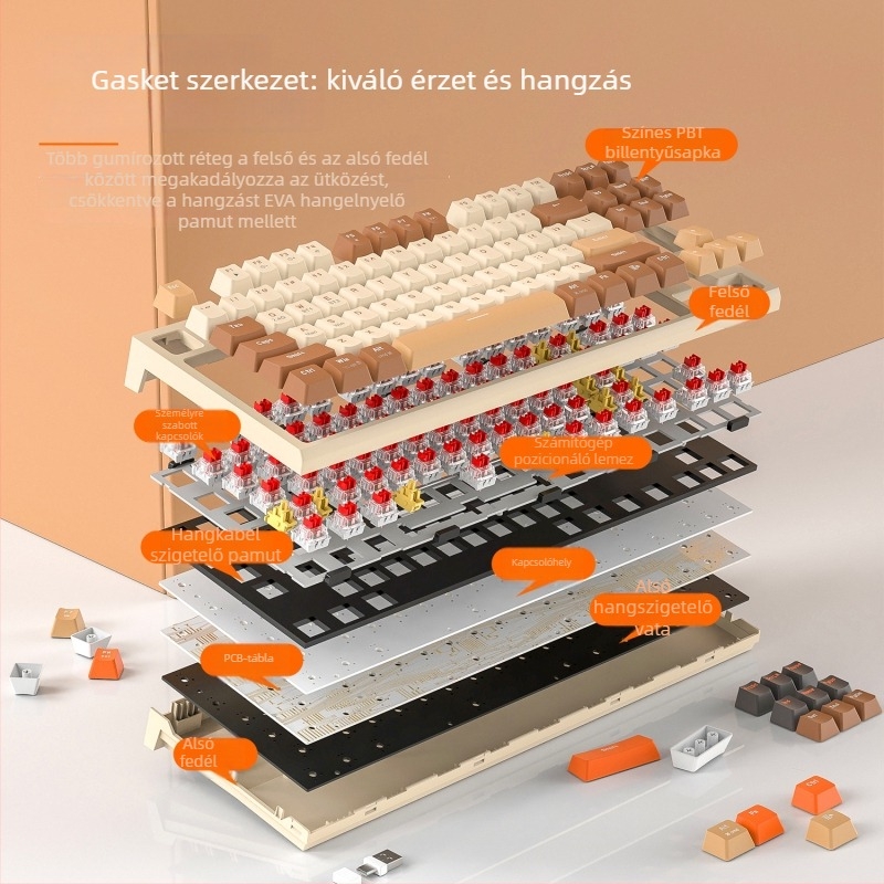 Free Wolf M88 vezeték nélküli Bluetooth kettős módban használható mechanikus gaming billentyűzet PBT billentyűkészlettel, piros kapcsolók, vízálló, 87 gomb