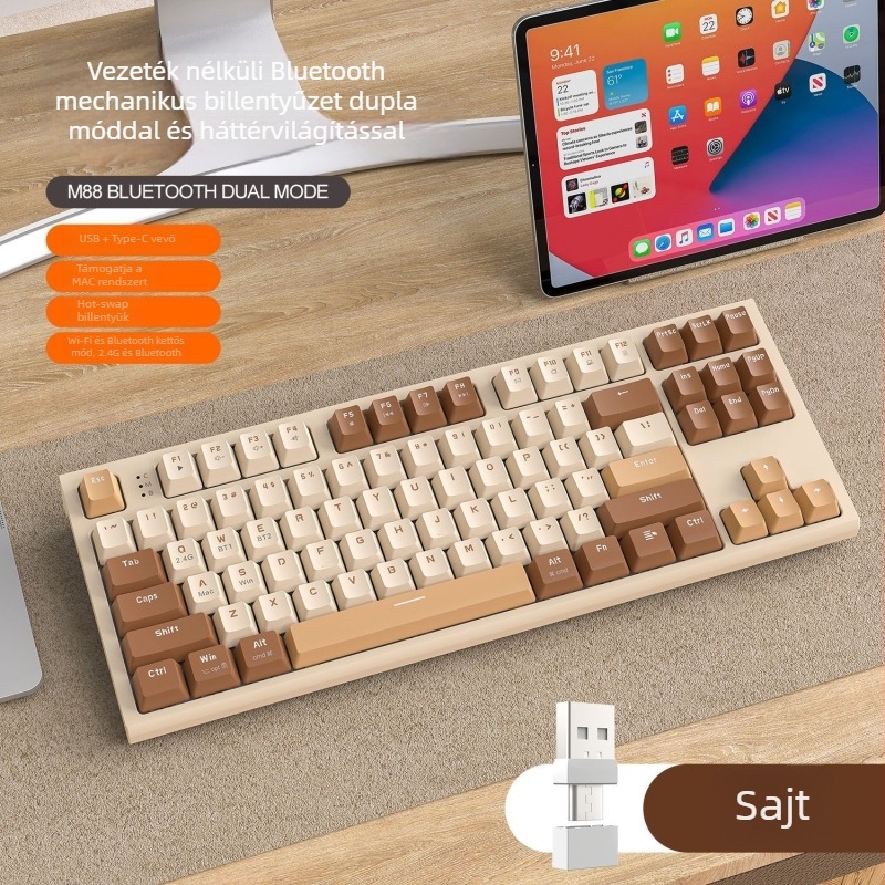 Free Wolf M88 vezeték nélküli Bluetooth kettős módban használható mechanikus gaming billentyűzet PBT billentyűkészlettel, piros kapcsolók, vízálló, 87 gomb