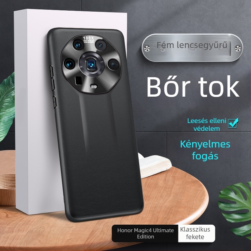 Honor Magic4 Ultimate Edition-höz készült tok, fém objektívgyűrűvel és natúr bőrből készült védőborítással