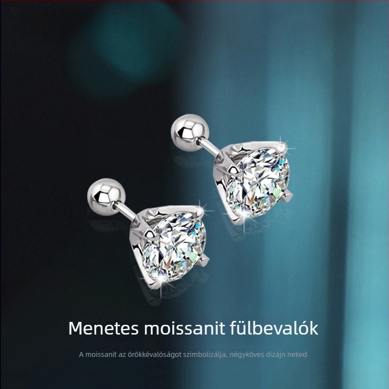 Női S925 Sterling ezüst Moissanit fülbevaló, csavaros záródás, kiváló fényű, modern dizájn