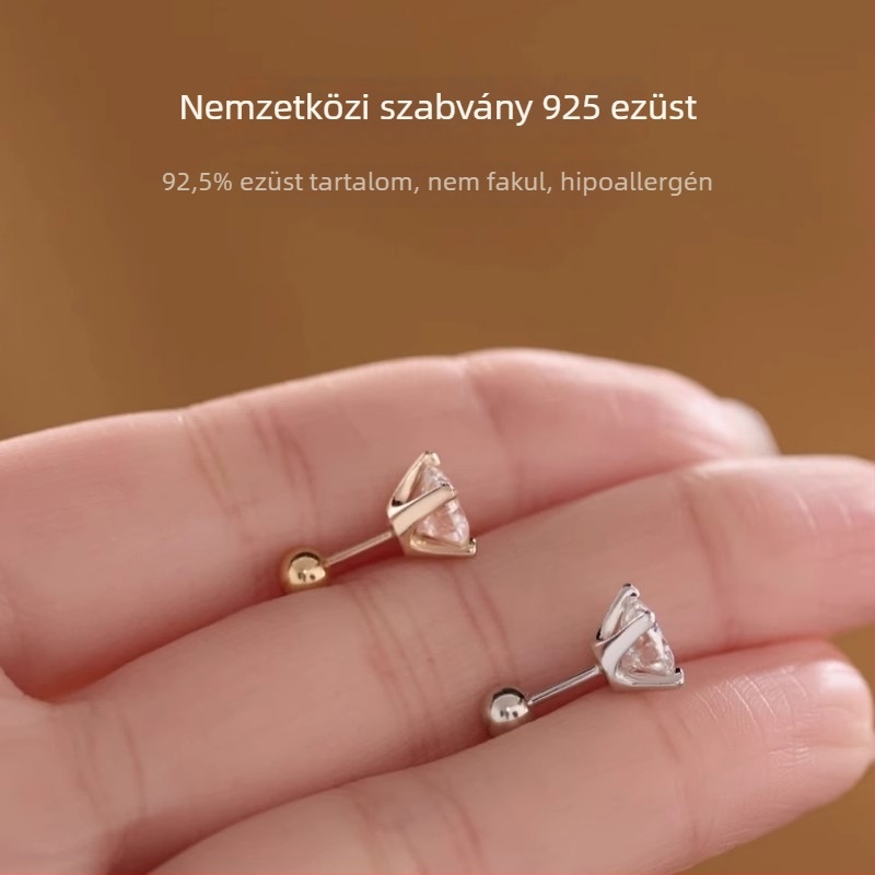 Női S925 Sterling ezüst Moissanit fülbevaló, csavaros záródás, kiváló fényű, modern dizájn