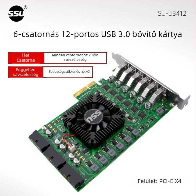 USB 3.0 adapterkártya, 6 csatornás, 12 portos, ipari kamera, PCIe 19-pin
