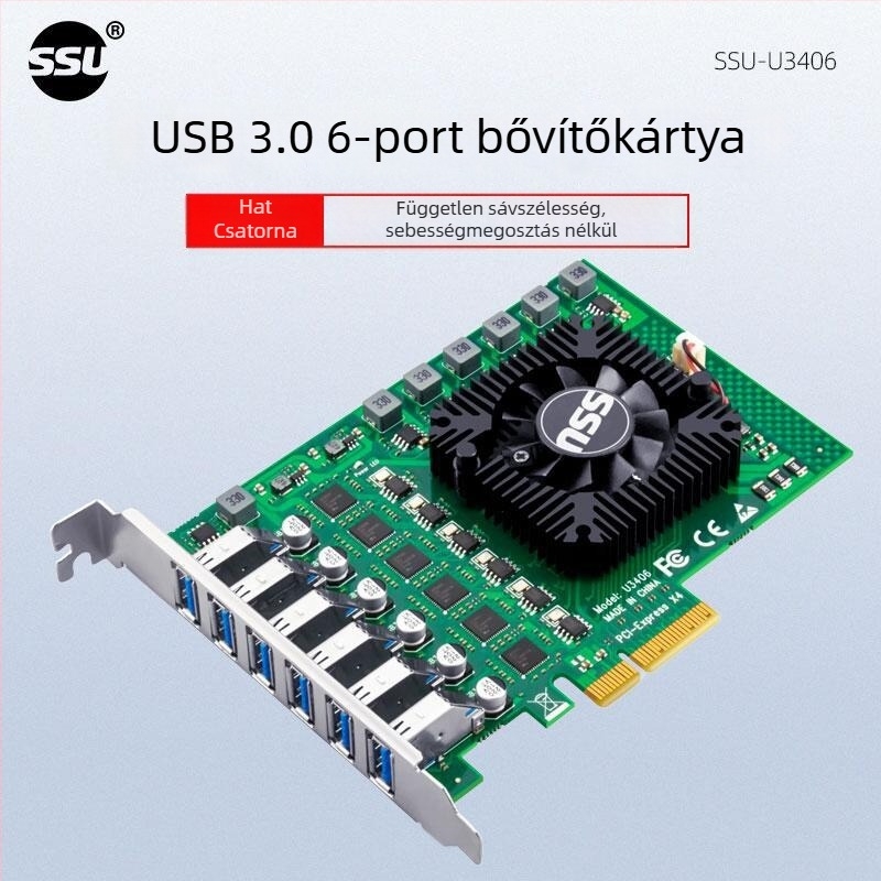 USB 3.0 adapterkártya, 6 csatornás, 12 portos, ipari kamera, PCIe 19-pin