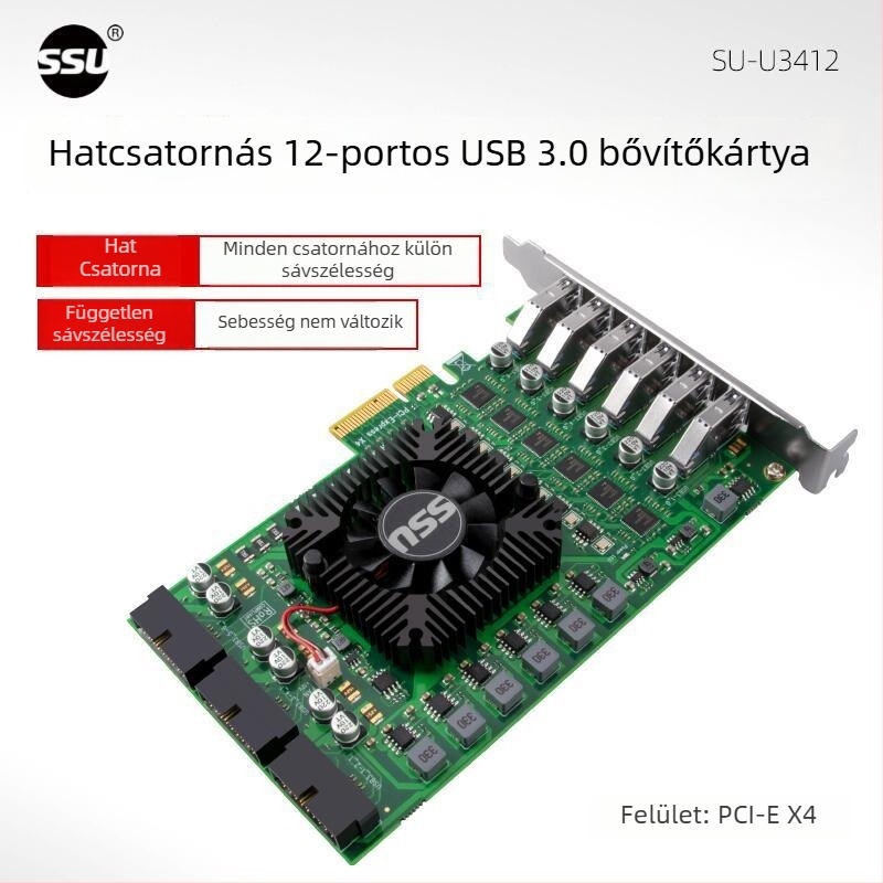 USB 3.0 adapterkártya, 6 csatornás, 12 portos, ipari kamera, PCIe 19-pin
