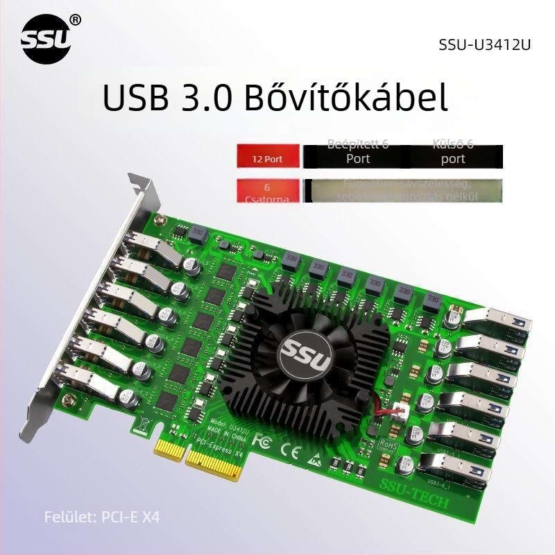 USB 3.0 adapterkártya, 6 csatornás, 12 portos, ipari kamera, PCIe 19-pin