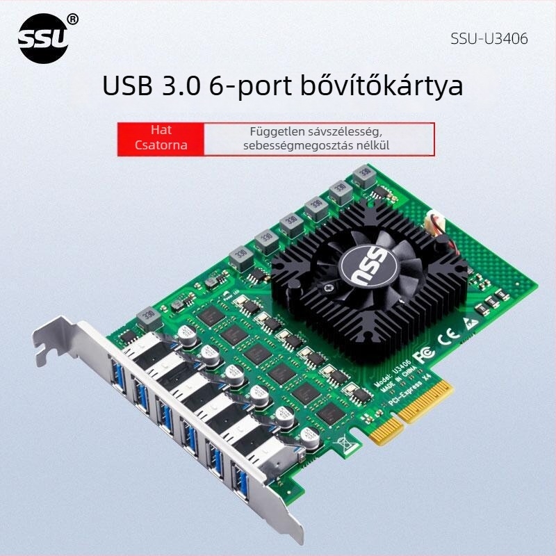 USB 3.0 adapterkártya, 6 csatornás, 12 portos, ipari kamera, PCIe 19-pin