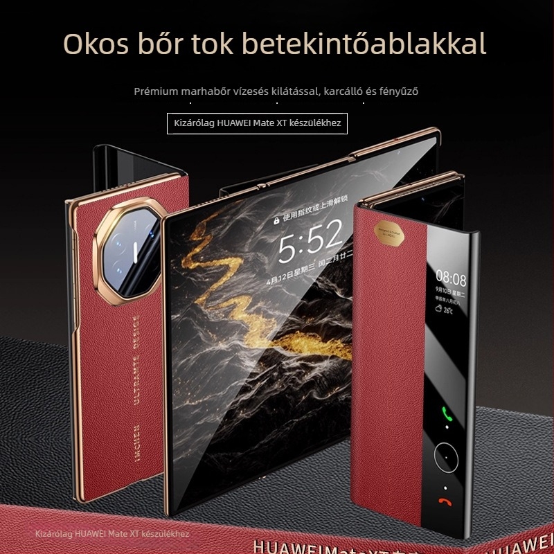 Huawei Mate XT bőrtok okos ablakkal, teljes körű védelem, XT hajlított kijelző, ütés- és karcolásálló, védőtok X