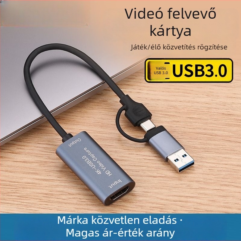 HDMI–ről Type-C–re videó felvevő kártya, USB 3.0, 4K, PC-hez, mobilhoz és tablethez