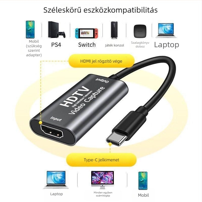 HDMI–ről Type-C–re videó felvevő kártya, USB 3.0, 4K, PC-hez, mobilhoz és tablethez