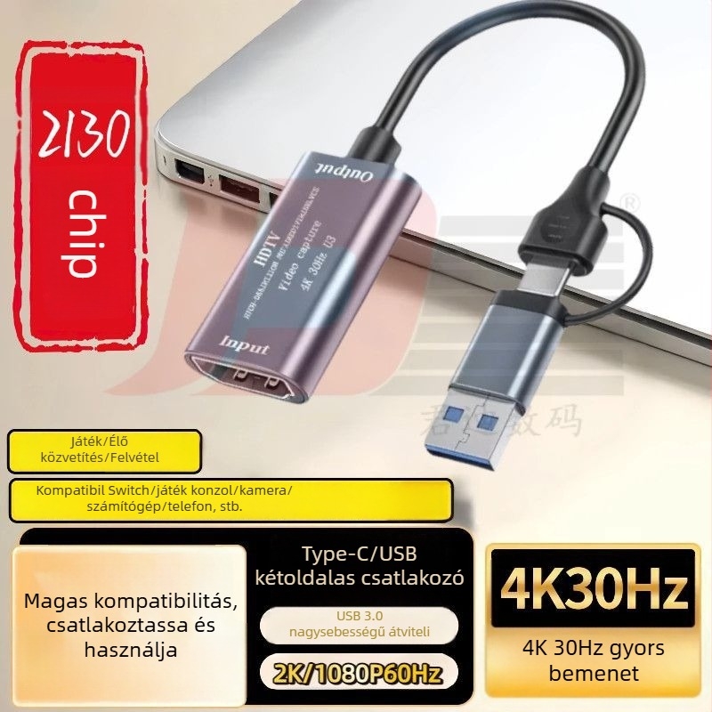 HDMI–ről Type-C–re videó felvevő kártya, USB 3.0, 4K, PC-hez, mobilhoz és tablethez