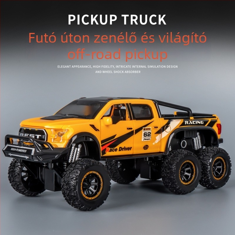Off-road játékautó gyerekeknek, 1:12 méretarányban, műanyagból, hatkerekű, inerciás hajtás, hang- és fényhatások