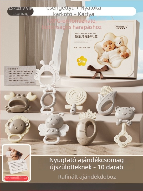 Újszülött babákhoz fogzókészlet és csörgő – 0–3 éves korosztály, szilikon + ABS, interaktív játék ajándékdobozban a szenzoros és kéz-szem koordináció fejlődéséért