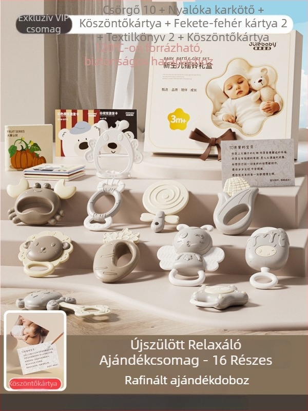 Újszülött babákhoz fogzókészlet és csörgő – 0–3 éves korosztály, szilikon + ABS, interaktív játék ajándékdobozban a szenzoros és kéz-szem koordináció fejlődéséért