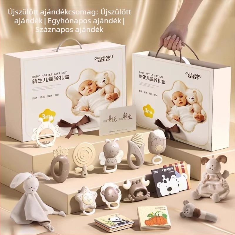 Újszülött babákhoz fogzókészlet és csörgő – 0–3 éves korosztály, szilikon + ABS, interaktív játék ajándékdobozban a szenzoros és kéz-szem koordináció fejlődéséért
