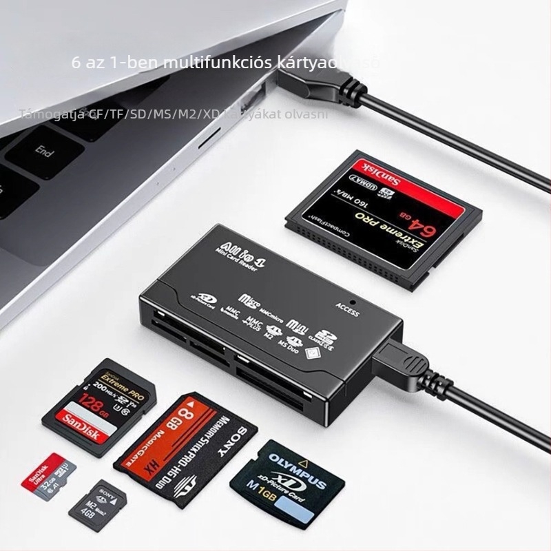 HT-02A USB 2.0 hat egyben memóriakártyaolvasó CF/SD/SDHC/MMC Plus/TF/MicroSD-hoz (külső)