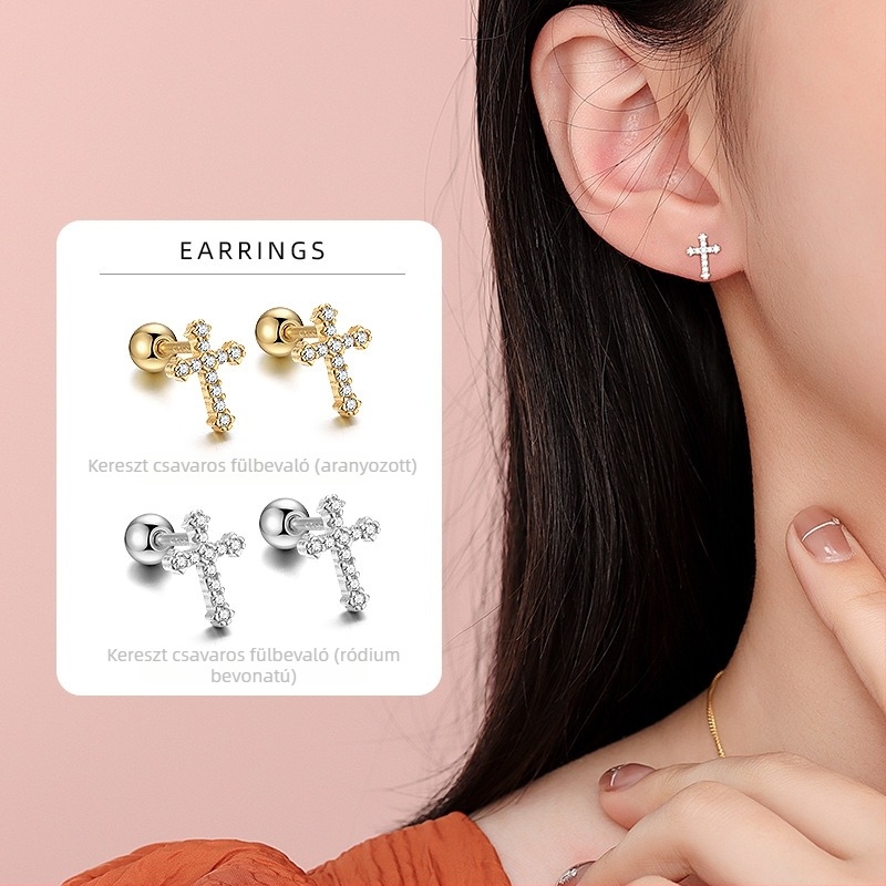 S925 Sterling ezüst, gyémántos kereszt, csavaros fülbevaló, aranyozott, nőknek, japán-koreai stílus, Instagram stílus