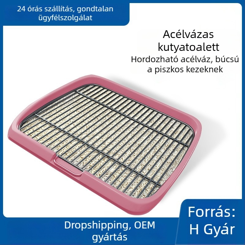 Acélvázas kutyatoalett, sík tálcás, cseppálló, rózsaszín, kistól a nagytestűekig
