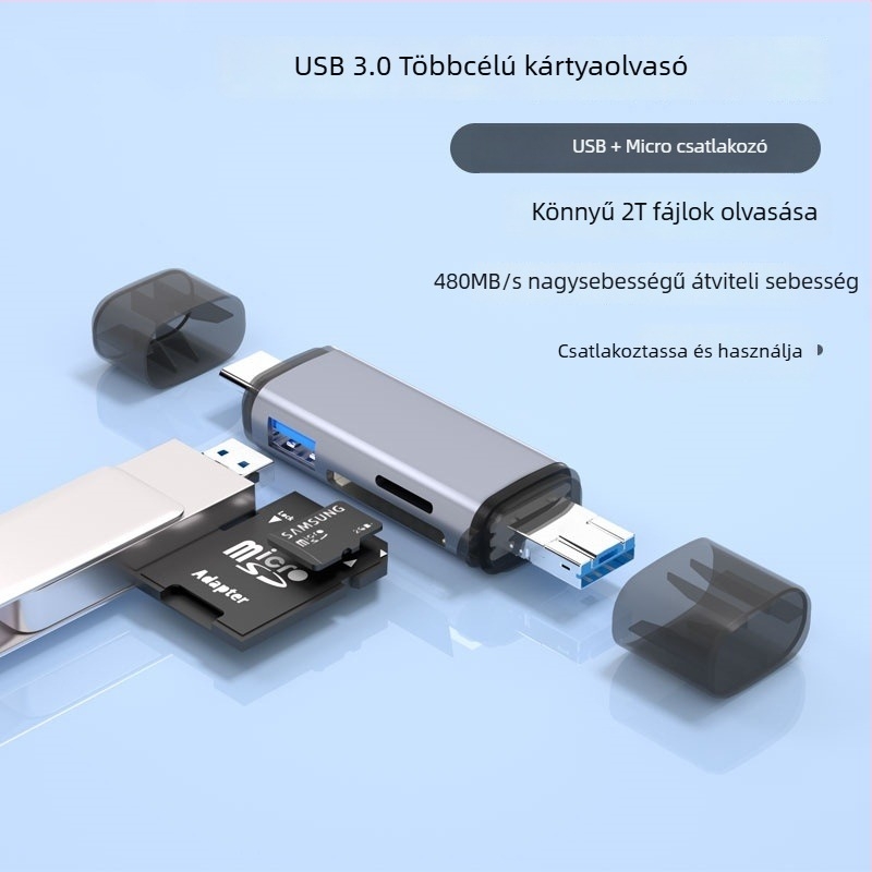 USB 3.0 kártyaolvasó – két kártyahely, hajtogatható dizájn, SDHC-támogatás, Type-C eszközök kompatibilitása