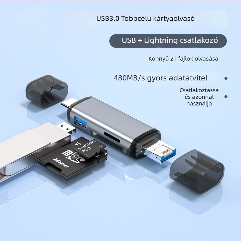 USB 3.0 kártyaolvasó – két kártyahely, hajtogatható dizájn, SDHC-támogatás, Type-C eszközök kompatibilitása