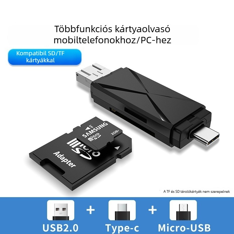 USB 3.0 kártyaolvasó – két kártyahely, hajtogatható dizájn, SDHC-támogatás, Type-C eszközök kompatibilitása