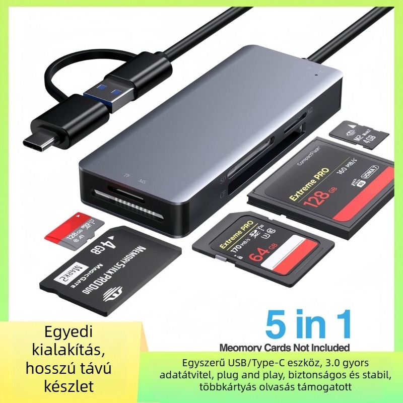 USB-C All-in-One kártyaolvasó USB 3.0-val – CF, SD/SDHC/SDXC, TF, MicroSD és MS Pro Duo/Pro/Duo/Micro(M2) támogatott