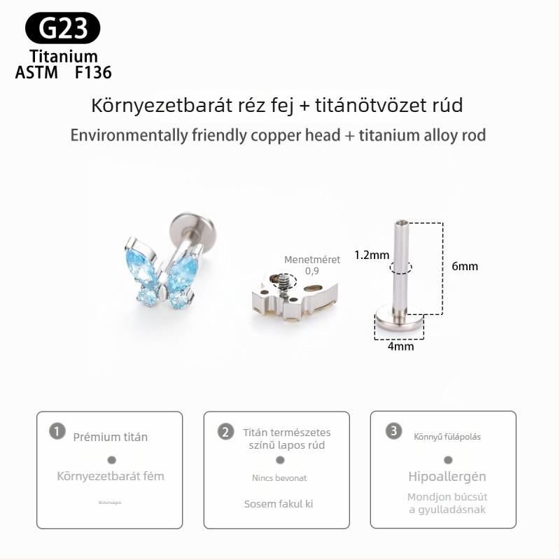 G23 titánötvözet fülbevaló belső menettel, szív alakú, és négyágú csillag medállal, aranyozott felület