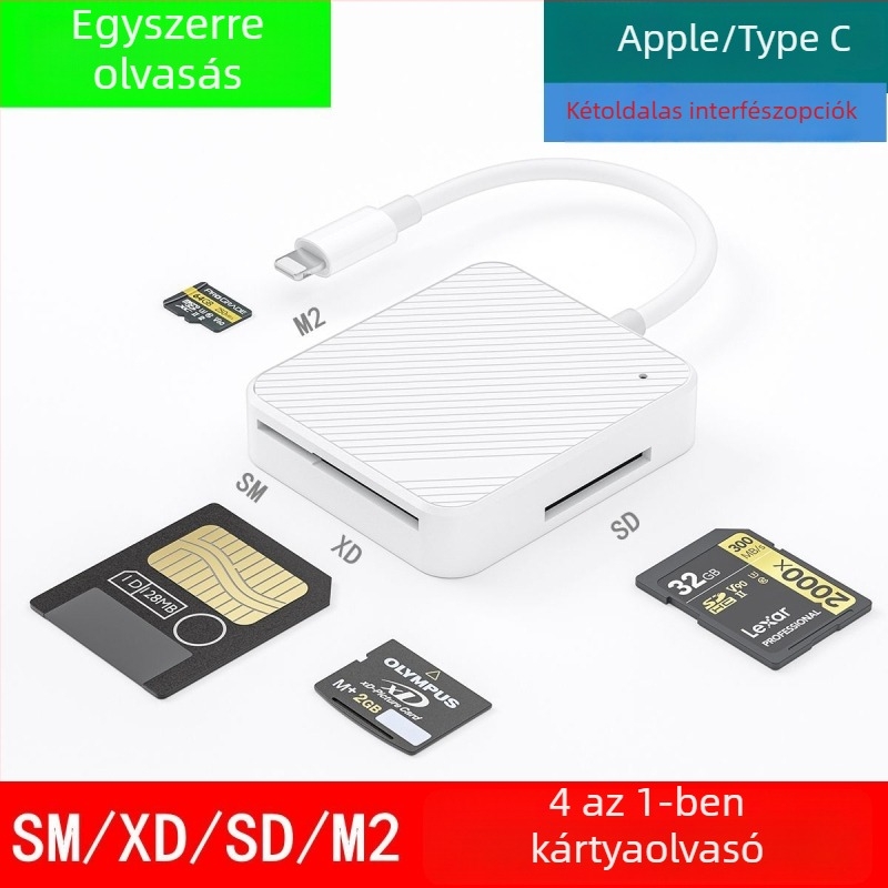 GT7010 4 az 1-ben külső kártyaolvasó — támogatja a SD, XD, M2, SM kártyákat; USB 2.0; kompatibil mobiltelefonokkal és tabletekkel