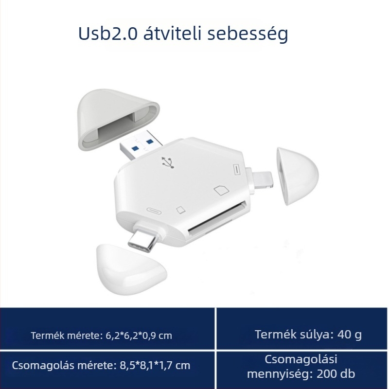 Három az egyben mágneses kártyaolvasó Apple Type-C, USB számítógépekhez és Android táblagépekhez, SD/TF kártyákhoz (OTG) – Modell C23, USB 2.0, külső
