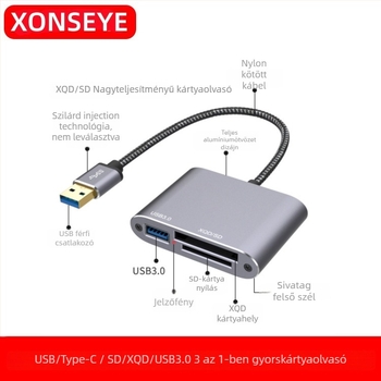 3 az 1-ben gyors kártyaolvasó és USB-hub — USB 3.0 Type-C interfész, modell XC-F59/62/110, 1 éves garancia, OEM feldolgozás