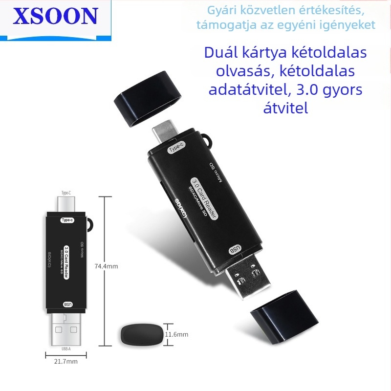 HX-519 Kártyaolvasó USB-C és USB 3.0, SD/TF/MicroSD támogatással