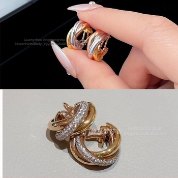 Fülbevalók - Geometriai háromkörös dizájn (Anyag: V arany; Forma: Geometriai; Feldolgozási technika: elektroplakálás; Márka: Xingmengsha jewelry; Fülcsap: réz)