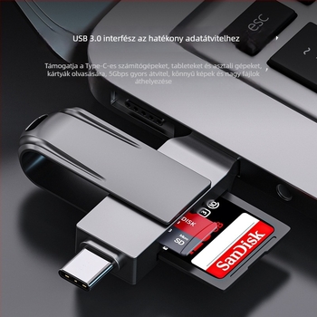 5-az-1-ben USB-C kártyaolvasó, USB 3.0 OTG, SD/TF-támogatás, külső cinkötvözet ház
