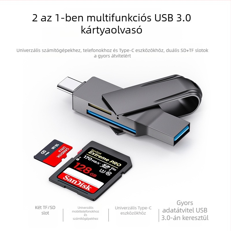 5-az-1-ben USB-C kártyaolvasó, USB 3.0 OTG, SD/TF-támogatás, külső cinkötvözet ház