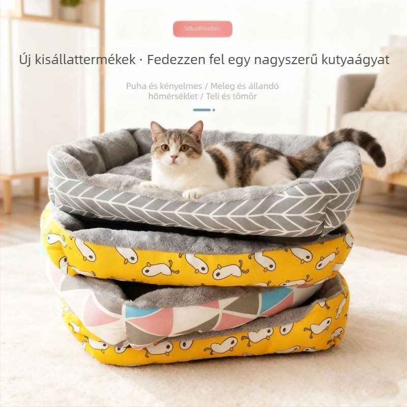 Minden évszakos kisállat-ágy és fészek, kutyáknak és macskáknak, pamut–len anyagból, kényelmes fekhely
