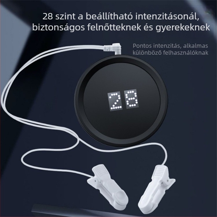 Fülhorgos alvásmasszírozó mikroáram alacsony frekvenciás impulzusokkal, újratölthető beépített 500–800 mAh-s akkumulátor, 6–8 órás üzemidő, LED-kijelző, infravörös fizioterápia és időzítő funkció