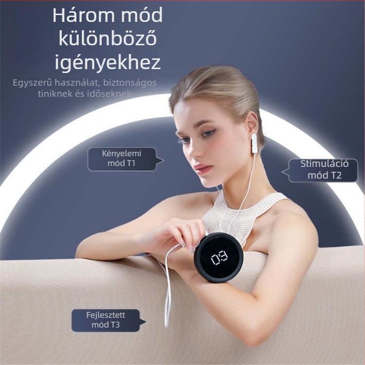 Fülhorgos alvásmasszírozó mikroáram alacsony frekvenciás impulzusokkal, újratölthető beépített 500–800 mAh-s akkumulátor, 6–8 órás üzemidő, LED-kijelző, infravörös fizioterápia és időzítő funkció