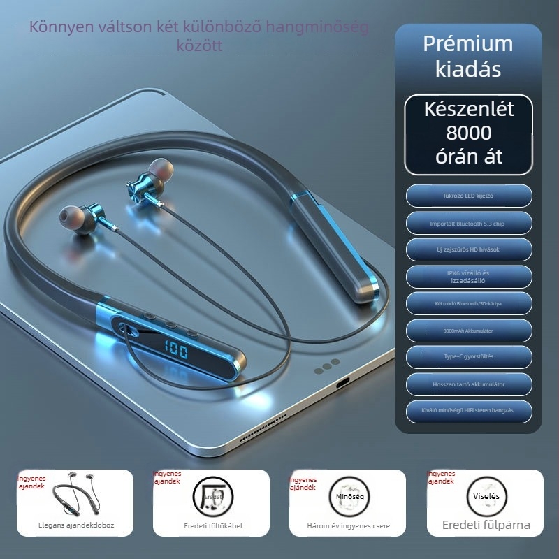 Aaalbl Bluetooth nyakba rögzített fejhallgató karaoke és élő közvetítéshez – Sztereó hangzás, Bluetooth 5.4, 10 m hatótáv, 4–8 óra akkumulátoridő, Digitális kijelző
