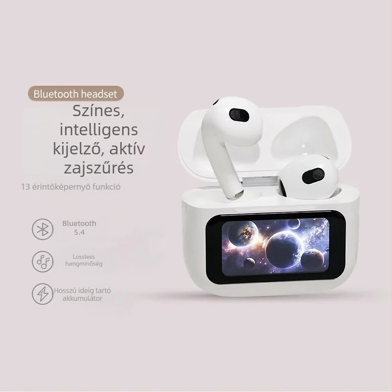 Vezeték nélküli Bluetooth fejhallgató érintőképernyővel, TWS fél-fül dizájn, ANC/ENC zajcsökkentés, Bluetooth 5.4, 4–8 órás üzemidő