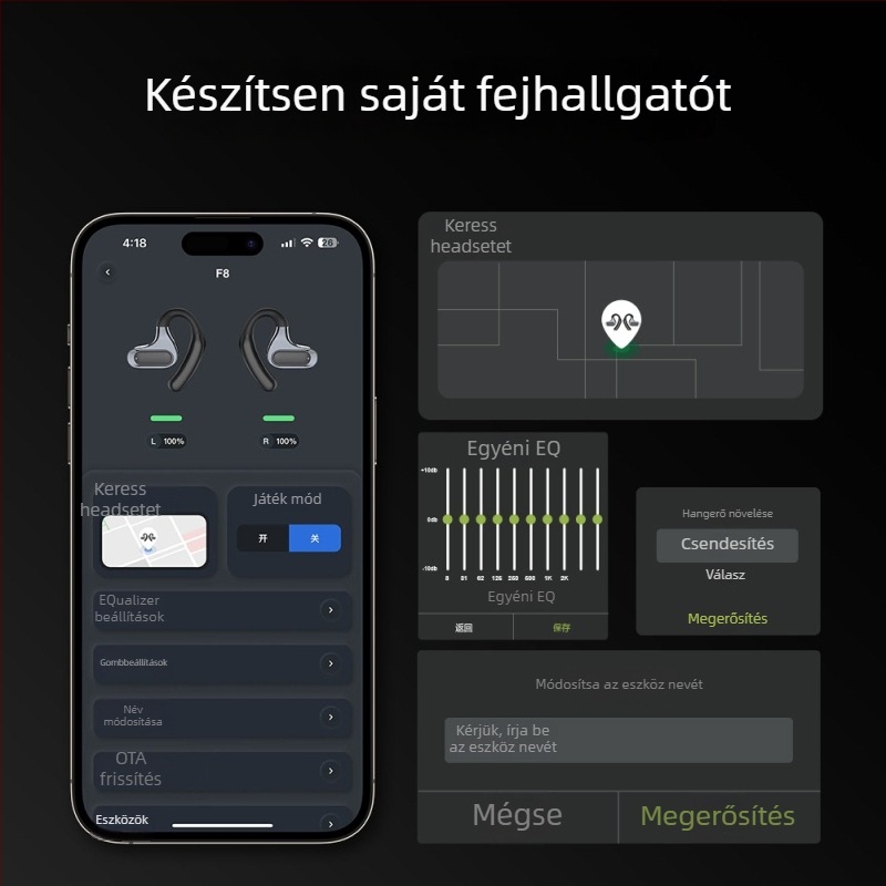 Csontvezetéses fejhallgató nyitott fül dizájnnal, Bluetooth 5.4, 10 m hatótáv, IPX7 vízálló, több mint 8 órás üzemidő