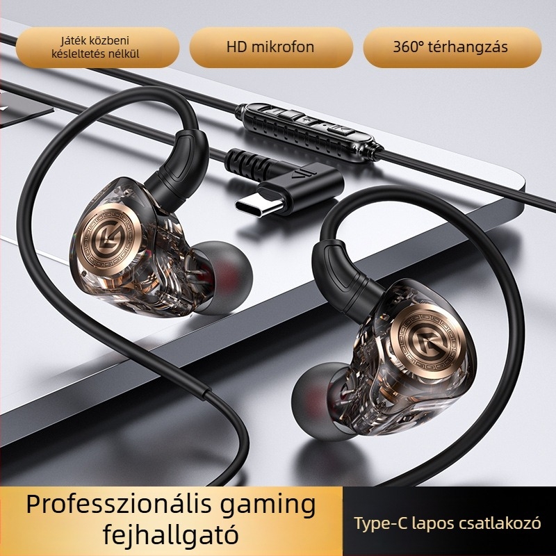 KG17 Vezetékes fülhallgató Type-C/3,5 mm kettős csatlakozóval, L‑alakú dugó, 10 mm hangszóró, 20–20000 Hz frekvenciatartomány, 1,5 m kábel