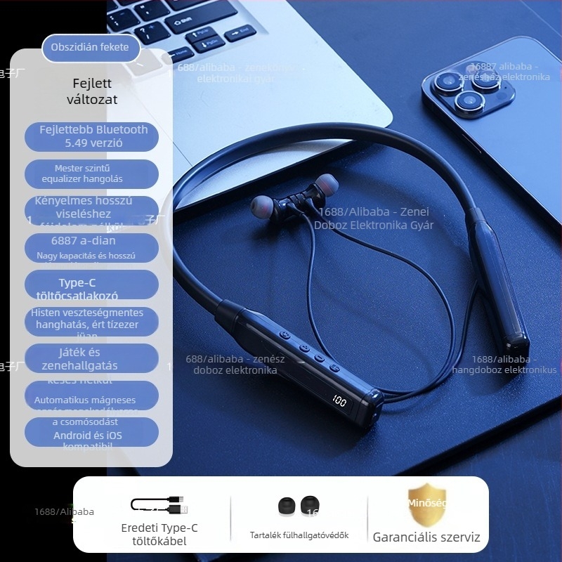 Nyakpántos Bluetooth fülhallgató zajcsökkentéssel, digitális kijelzővel, Bluetooth 5.0, 8+ órás üzemidő, sportos stílus