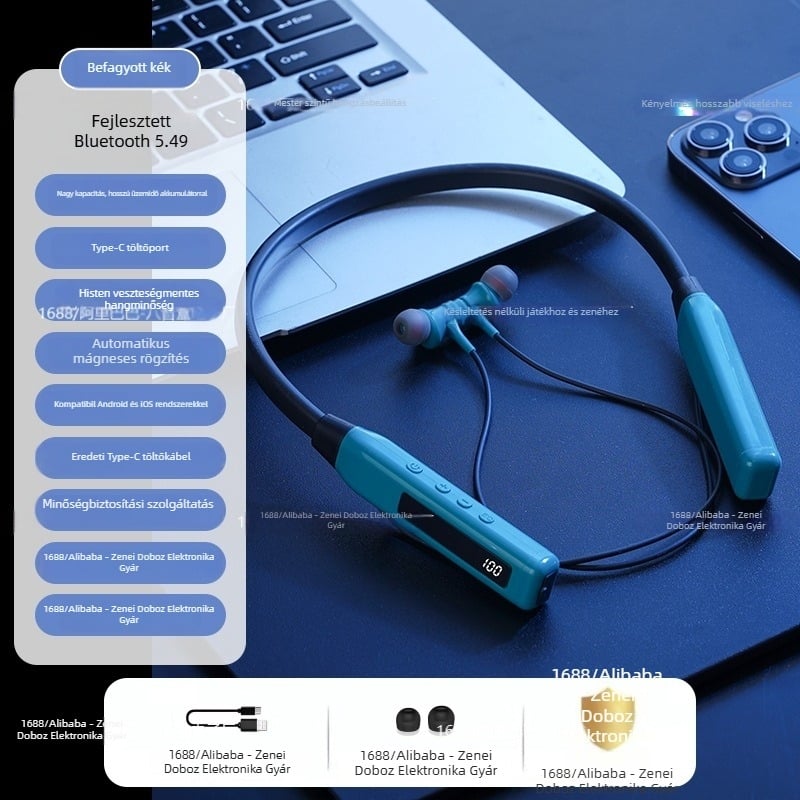 Nyakpántos Bluetooth fülhallgató zajcsökkentéssel, digitális kijelzővel, Bluetooth 5.0, 8+ órás üzemidő, sportos stílus