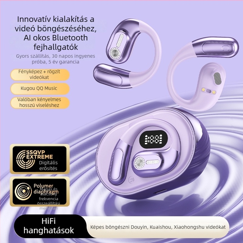 Sportos Bluetooth fülhallgató fülhorgos kialakítással, AI fordítás, (5.4 BT, hatótávolság 10 m, 4–8 órás üzemidő, vízálló, videólejátszás)