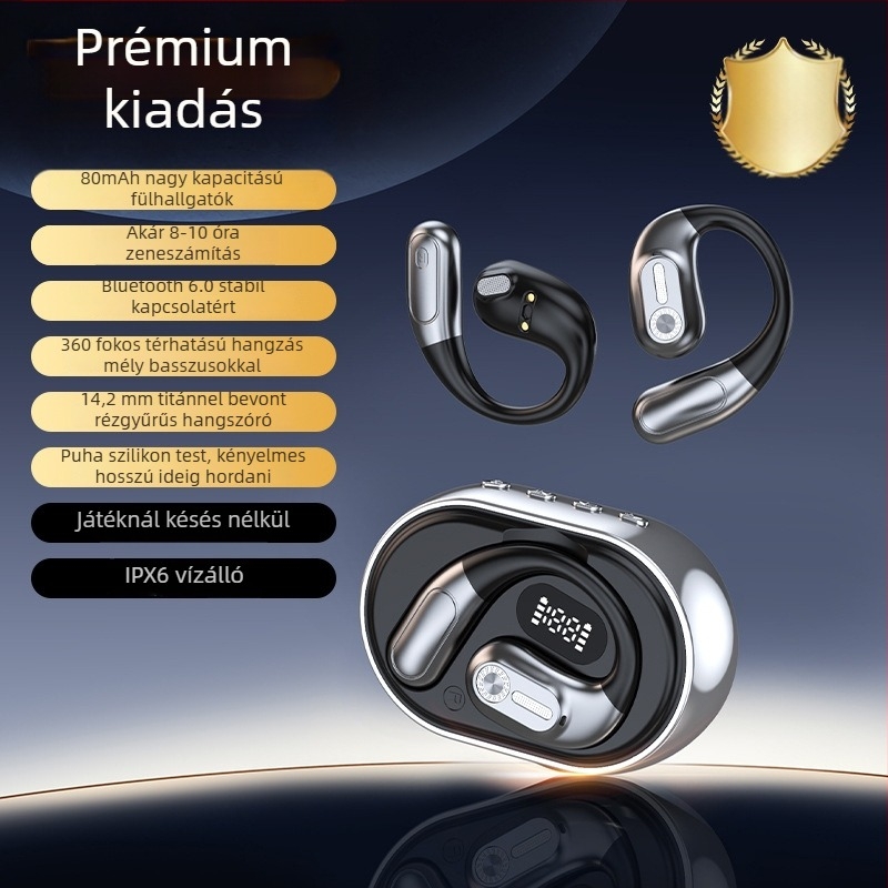 Sportos Bluetooth fülhallgató fülhorgos kialakítással, AI fordítás, (5.4 BT, hatótávolság 10 m, 4–8 órás üzemidő, vízálló, videólejátszás)