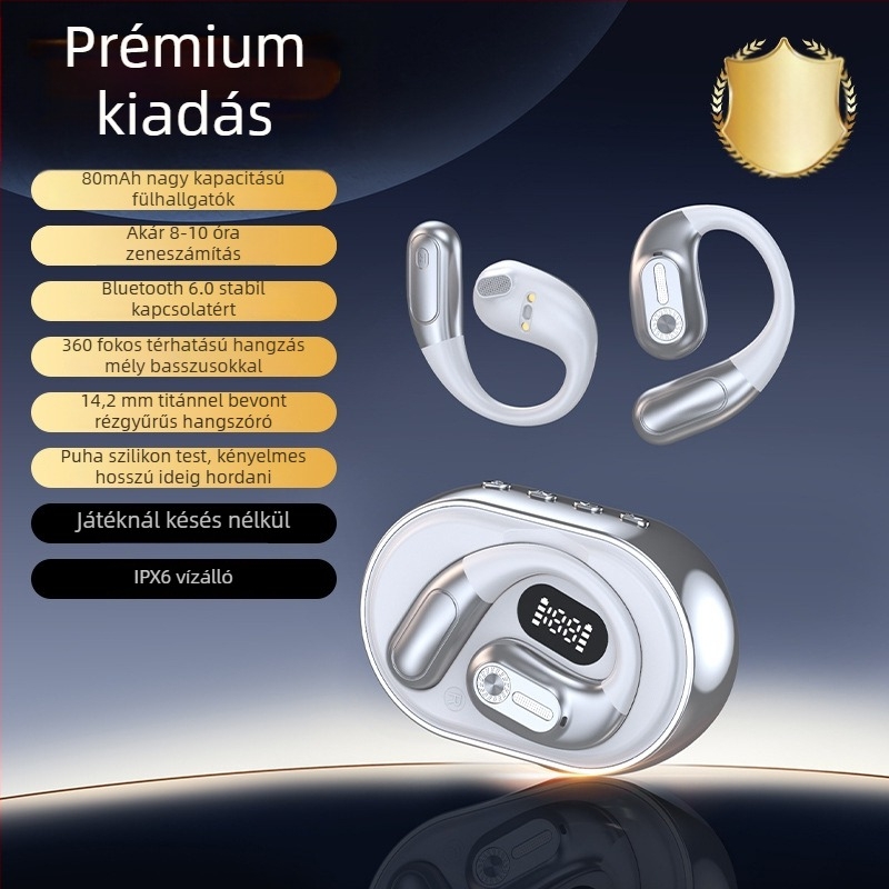 Sportos Bluetooth fülhallgató fülhorgos kialakítással, AI fordítás, (5.4 BT, hatótávolság 10 m, 4–8 órás üzemidő, vízálló, videólejátszás)