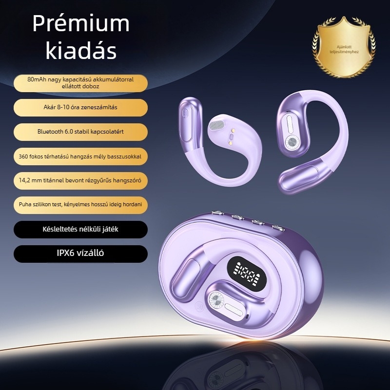 Sportos Bluetooth fülhallgató fülhorgos kialakítással, AI fordítás, (5.4 BT, hatótávolság 10 m, 4–8 órás üzemidő, vízálló, videólejátszás)
