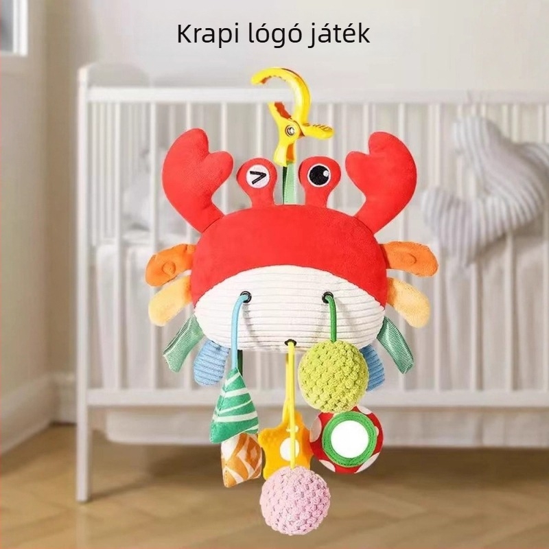 Rák alakú babajáték húzható zsinórral, textilből, zenei, csörgő, rágóka és szélcsengővel, 0–3 éveseknek