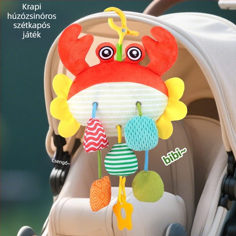 Rák alakú babajáték húzható zsinórral, textilből, zenei, csörgő, rágóka és szélcsengővel, 0–3 éveseknek